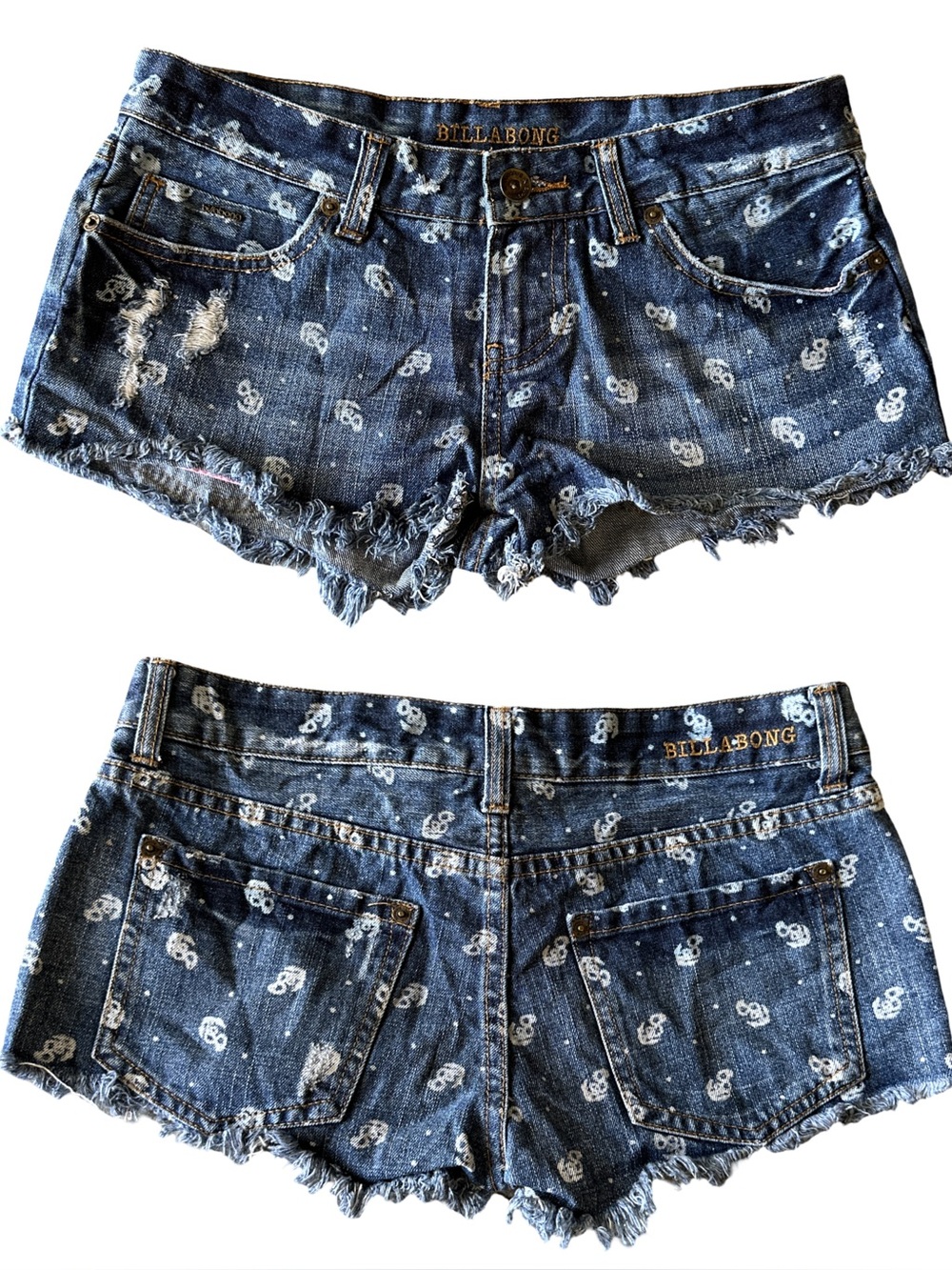 Y2K Billabong Anchor Print Low Rise Distressed Denim Cutoff Shorts Size 5